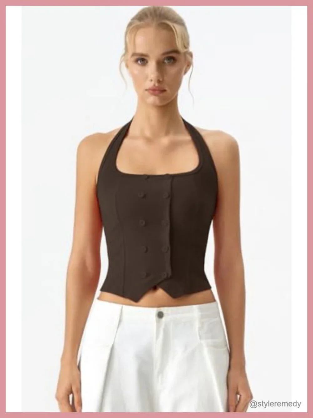 Halter Square Neck Crop Tank Top Button Front Sleeveless Slim Fit Ribbed Knit